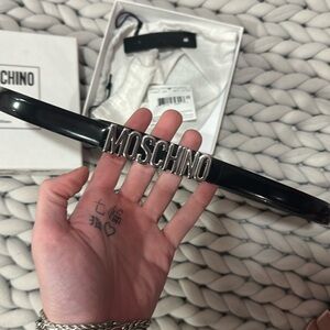 MOSCHINO Silver Logo Black Belt Sz L/XXL